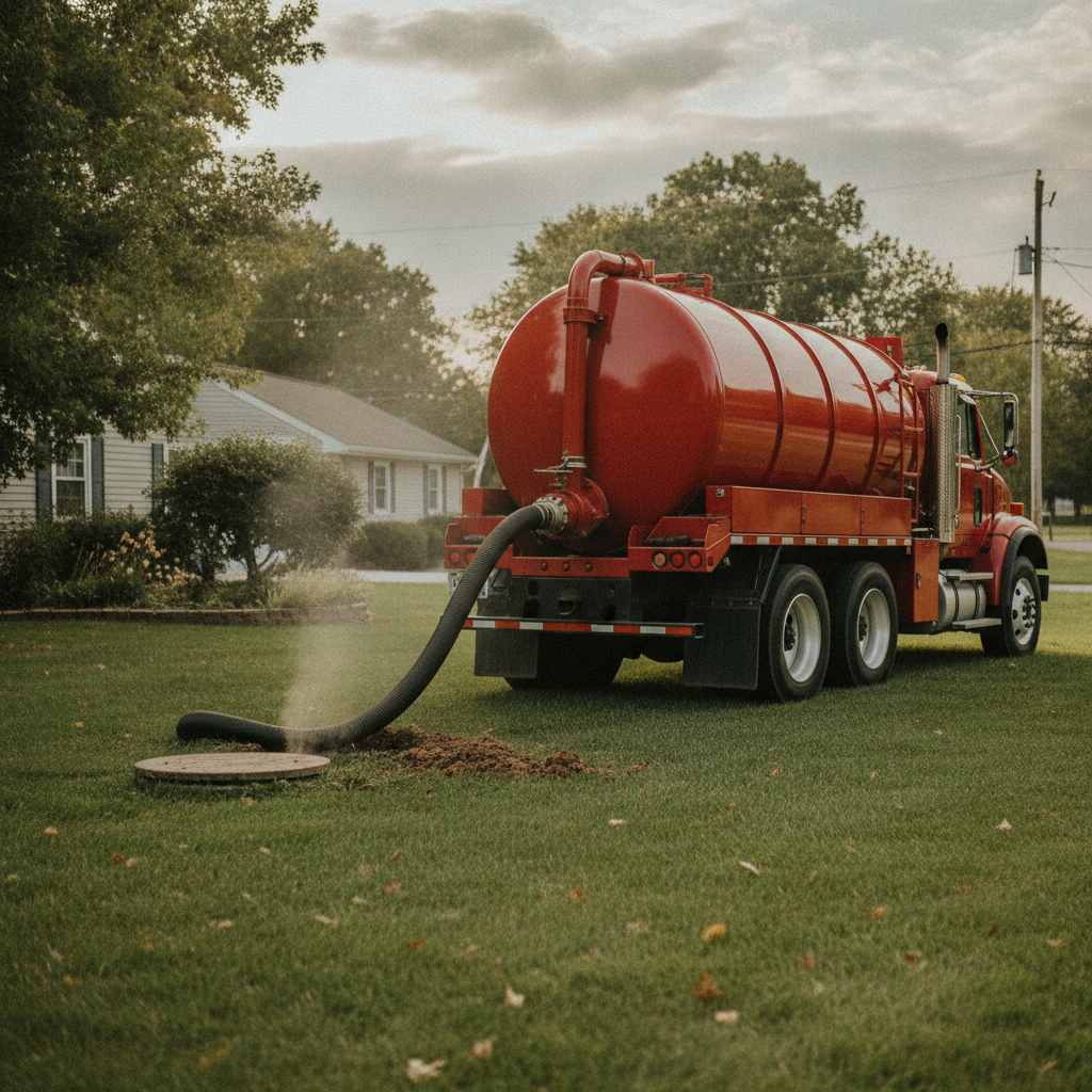 red septic pumper truck - pumping a septic tank - no face, no letters